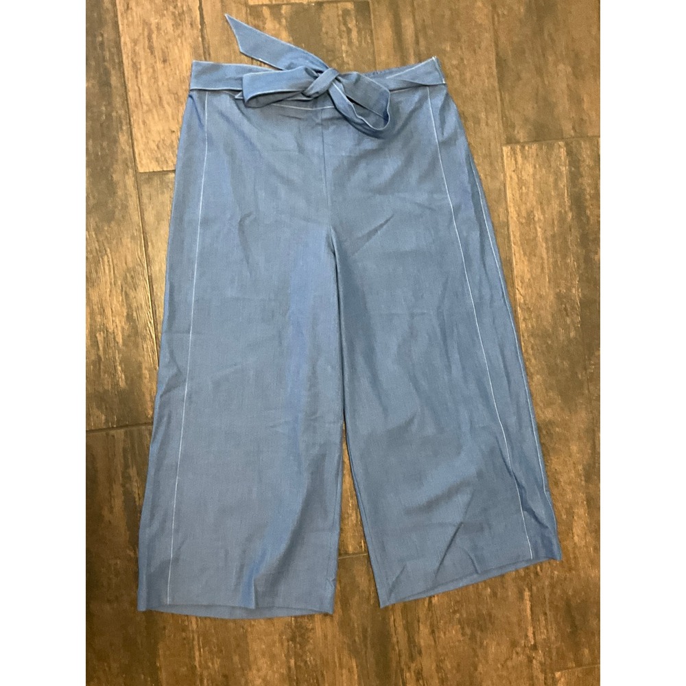 Tahari Culotte Pants Womens L Blue High Rise Wide Leg Cropped Tie Waist Boho NEW